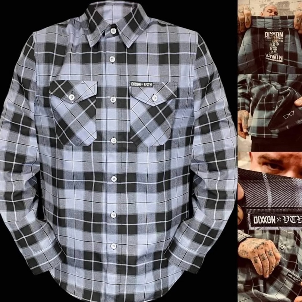 NEW Dixxon V-Twin Victory Black and Gray Plaid Flannel Shirt